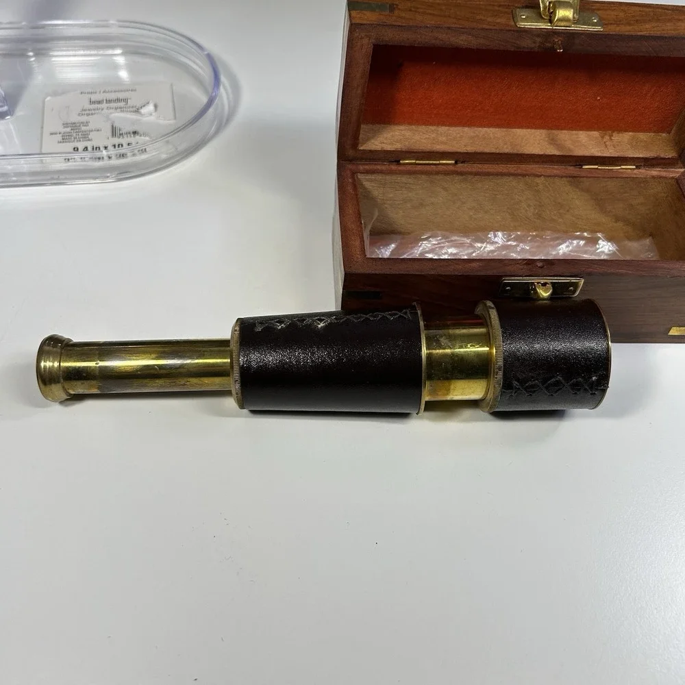 Antique Style Brass Spyglass Telescope Leather Wrapped w Wooden Box